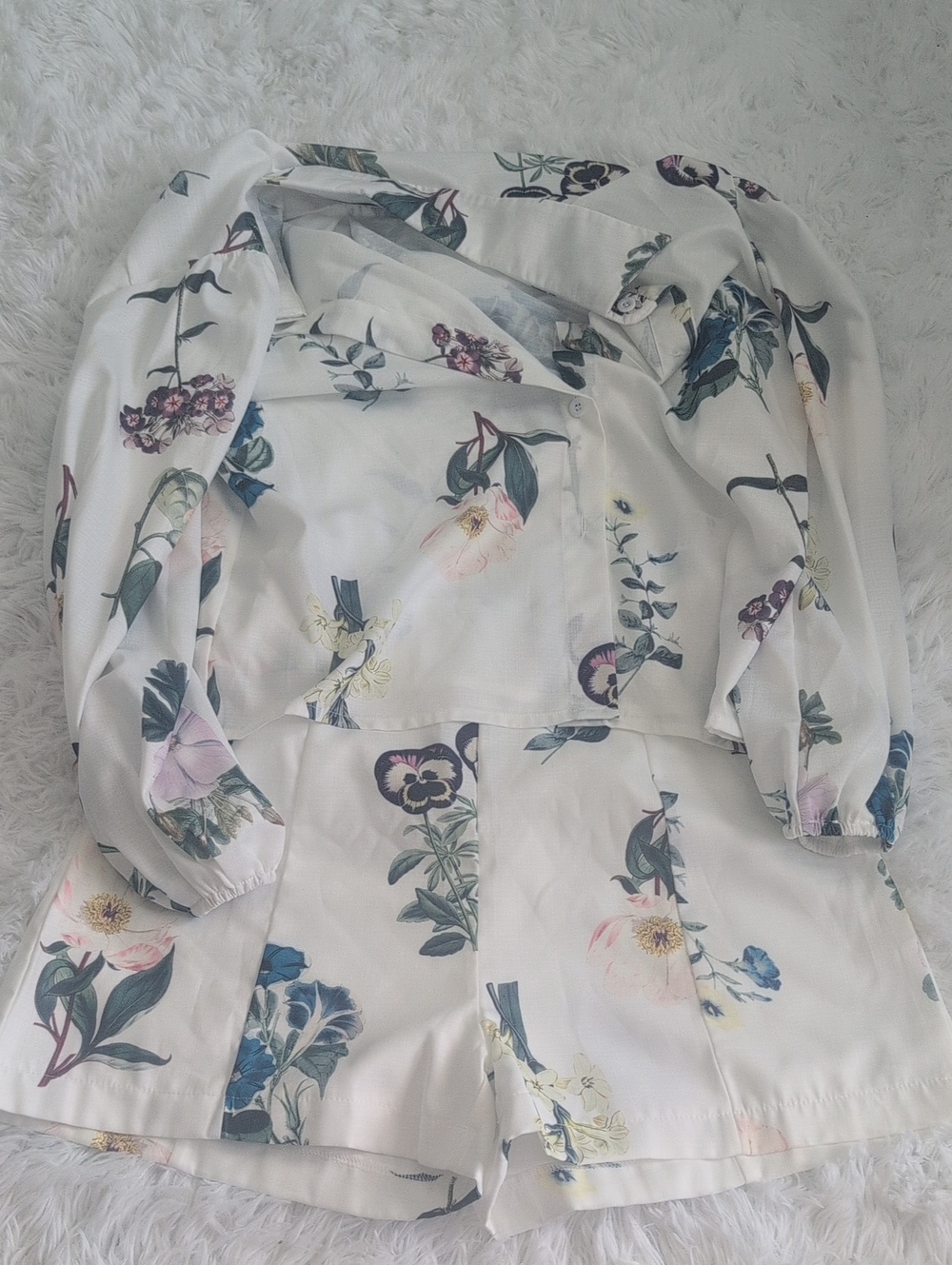 Floral White Button-Front Blouse and Shorts Set